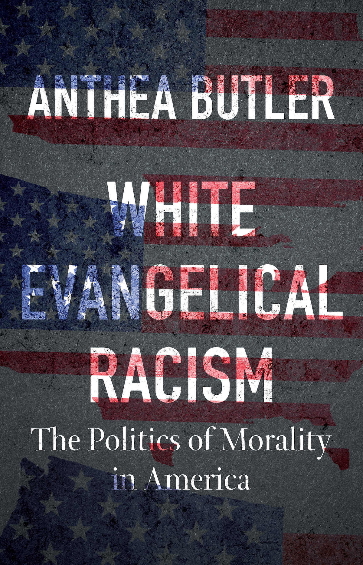 Cover of a book with works "White Evangelical Racism" with a faded American flag print atop the words