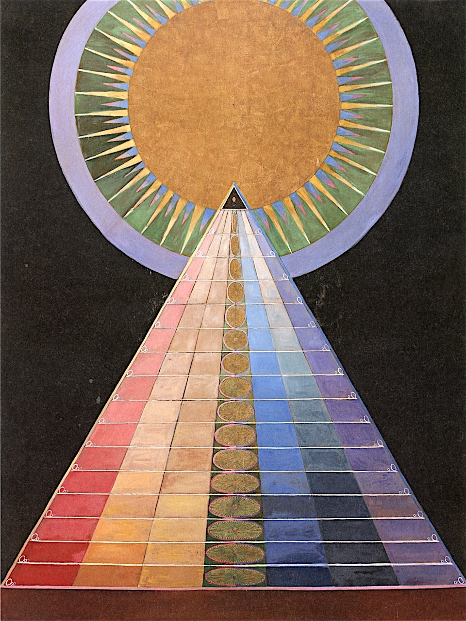 Painting of a pyramid of different pastel colored squares intersections with a circle featuring a sun like creation