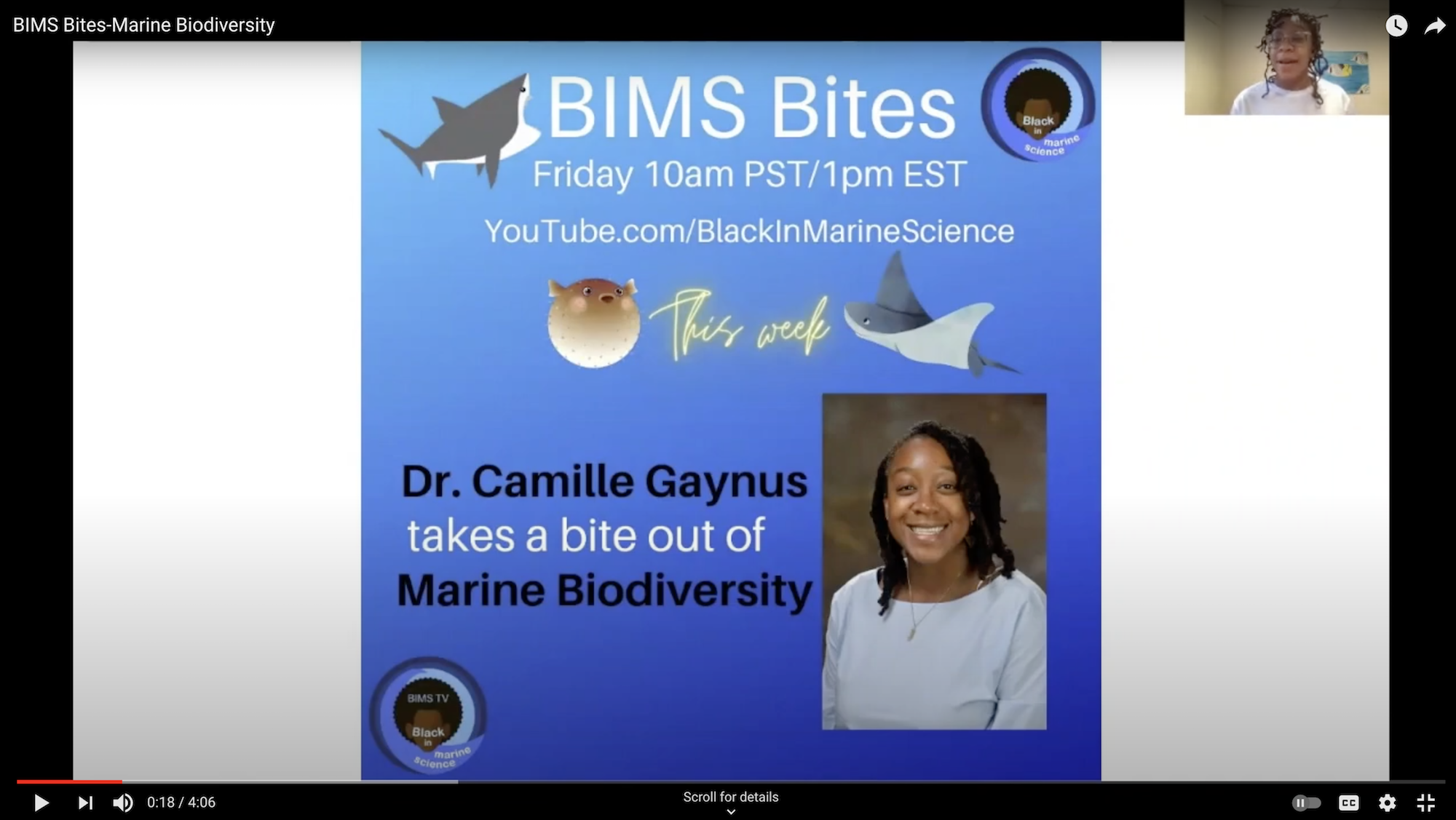 A YouTube screenshot of the program BIMS Bites, saying "Dr. Camille Gaynus takes a bite out of Marine Biodiversity"