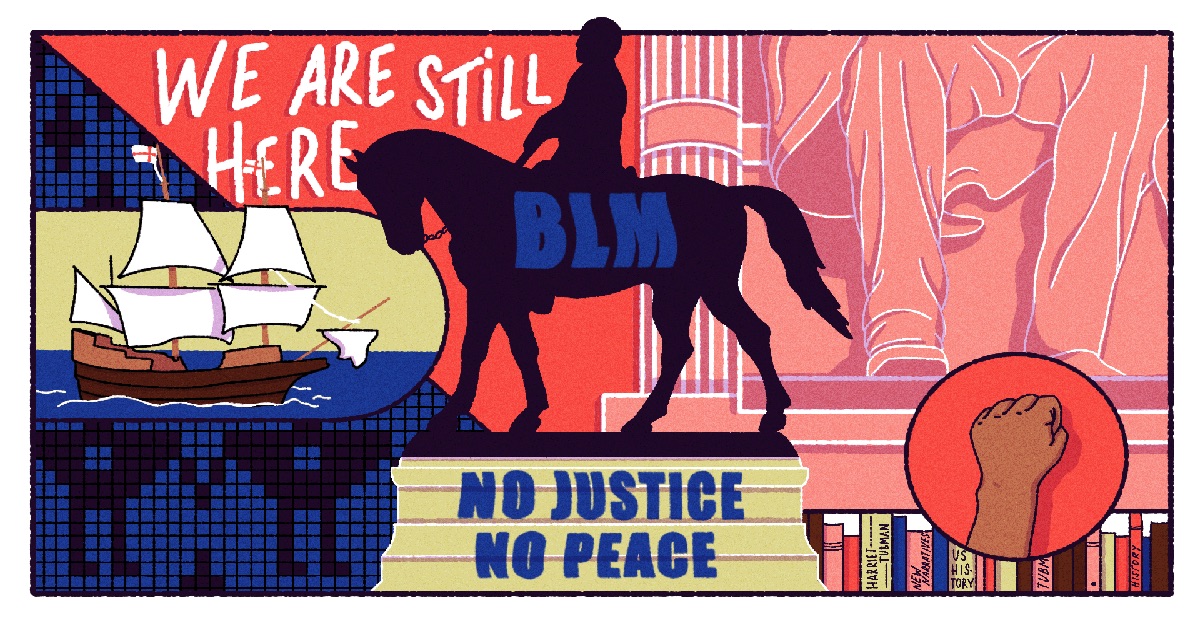 Cartoon depicting Black Lives Matter images, a black fist, NO JUSTICE NO PEACE, and a statue of a horse.