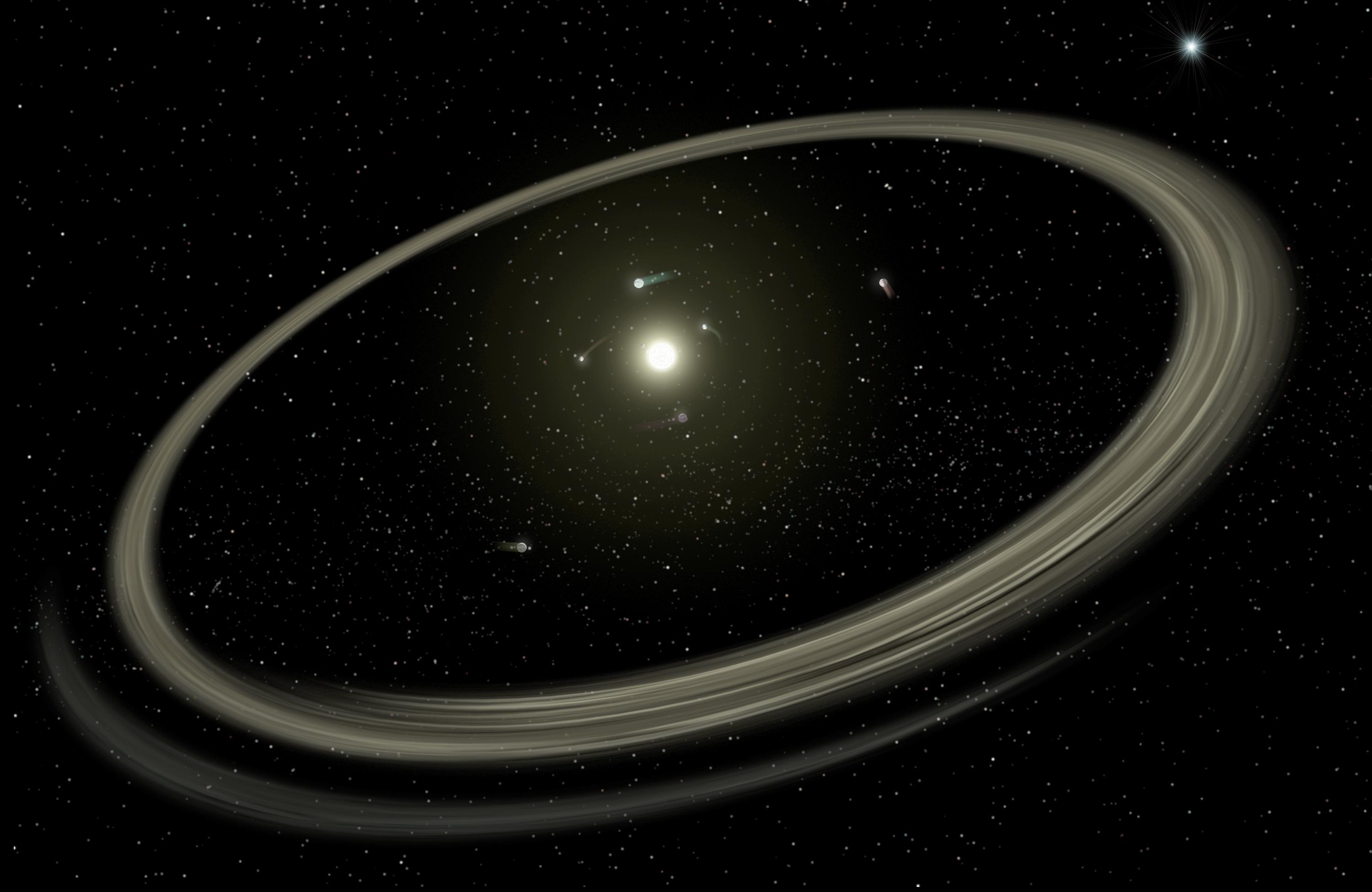 a start in the center of a dark sky surrounded by orbiting planets and a ring of dust