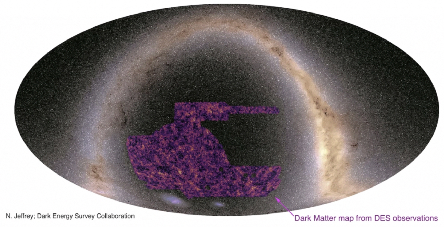 a map of dark matter on top of a map of the night sky