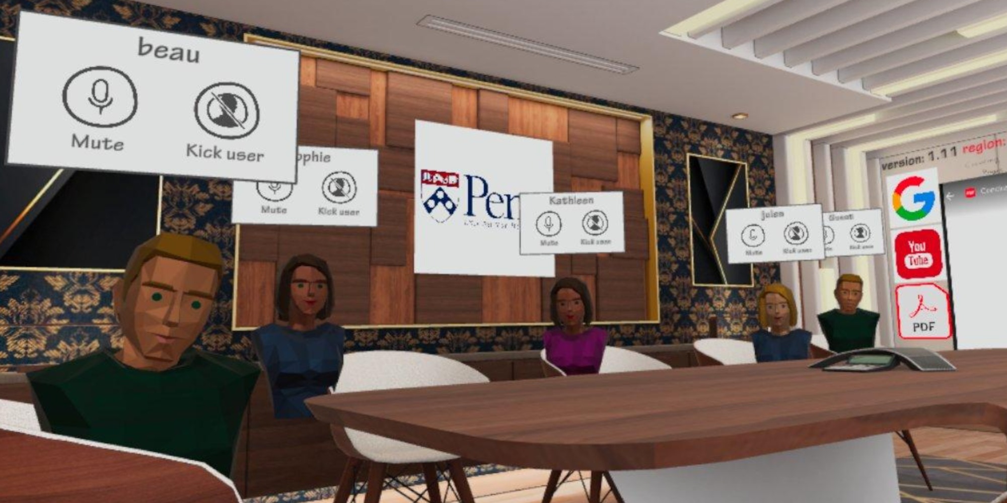 In virtual reality, students' avatars sit in chairs around a table, with their names above their heads.