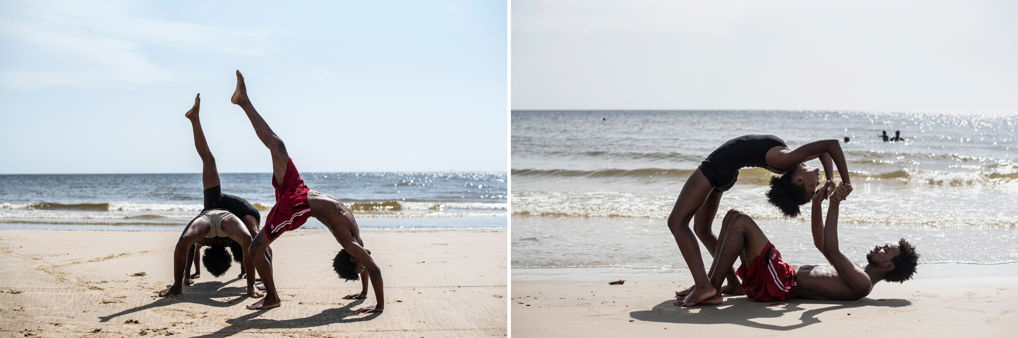Side-by-side images of dancers on a sunlit beach.