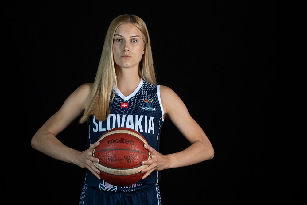 Nikola Kovacikova, wearing her Slovakia jersey, holds a basketball in her hands.