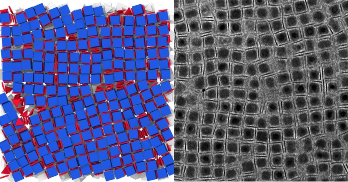 a side by side of a simulated nanocrystal next to a microscopic image of one