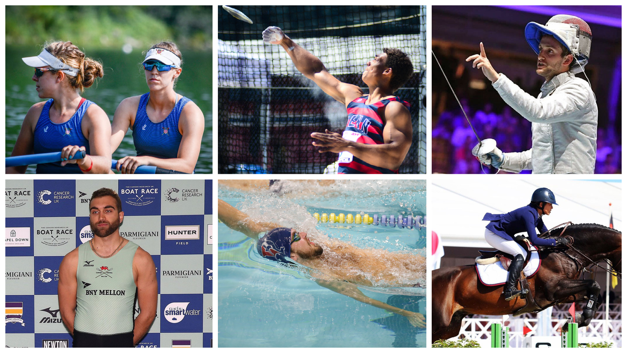 Six Penn athletes perform rowing, discus throwing, fencing swimming, skulls, and equestrian.