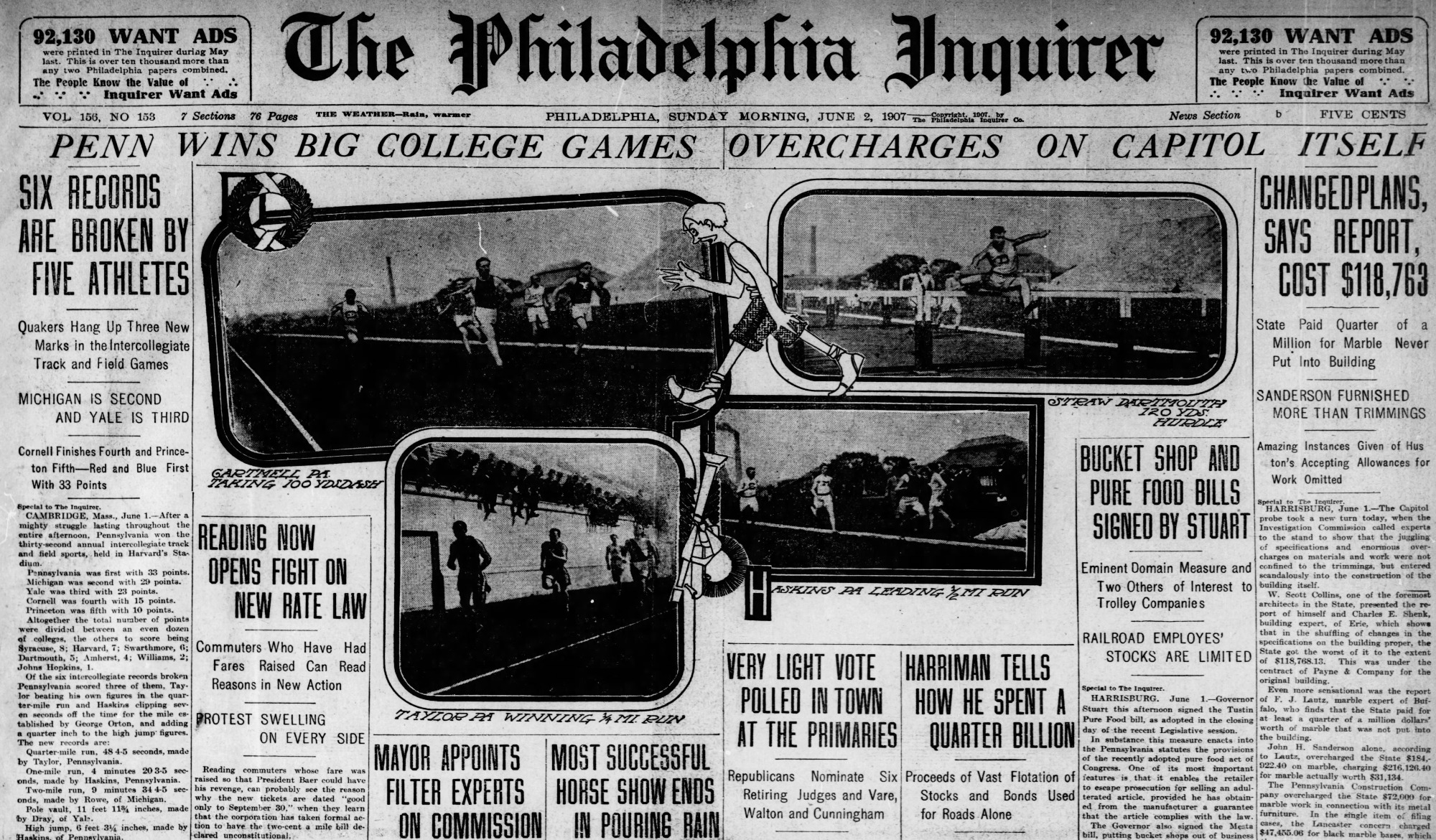 A newspaper show the front page of the June 2, 1907, edition of the Philadelphia Inquirer.