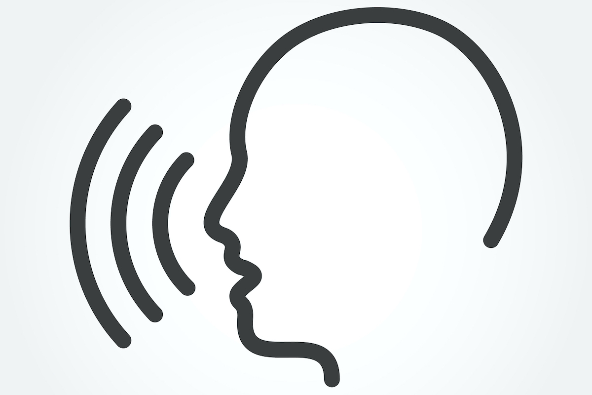 A black-and-white drawing of a head with lines signifying the person is speaking.
