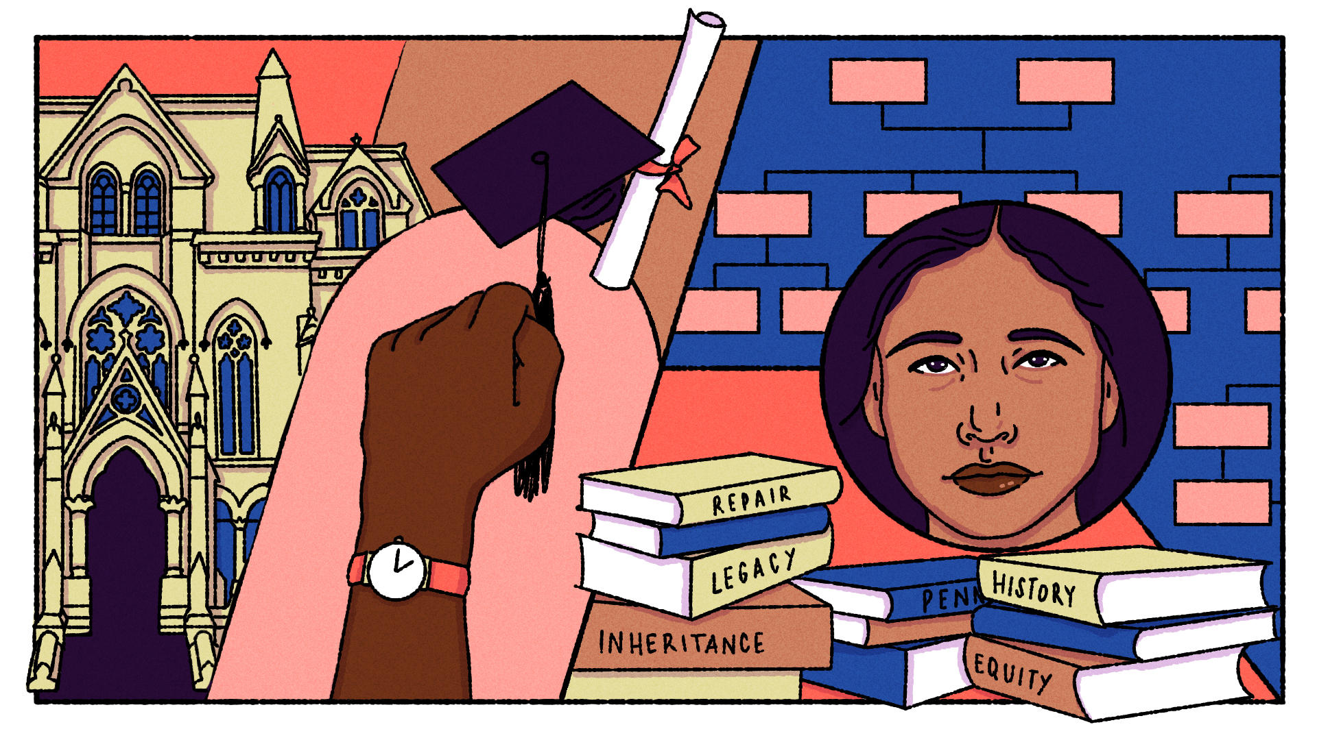Drawing of books, an African American student’s face, a diploma, a fist in the air.
