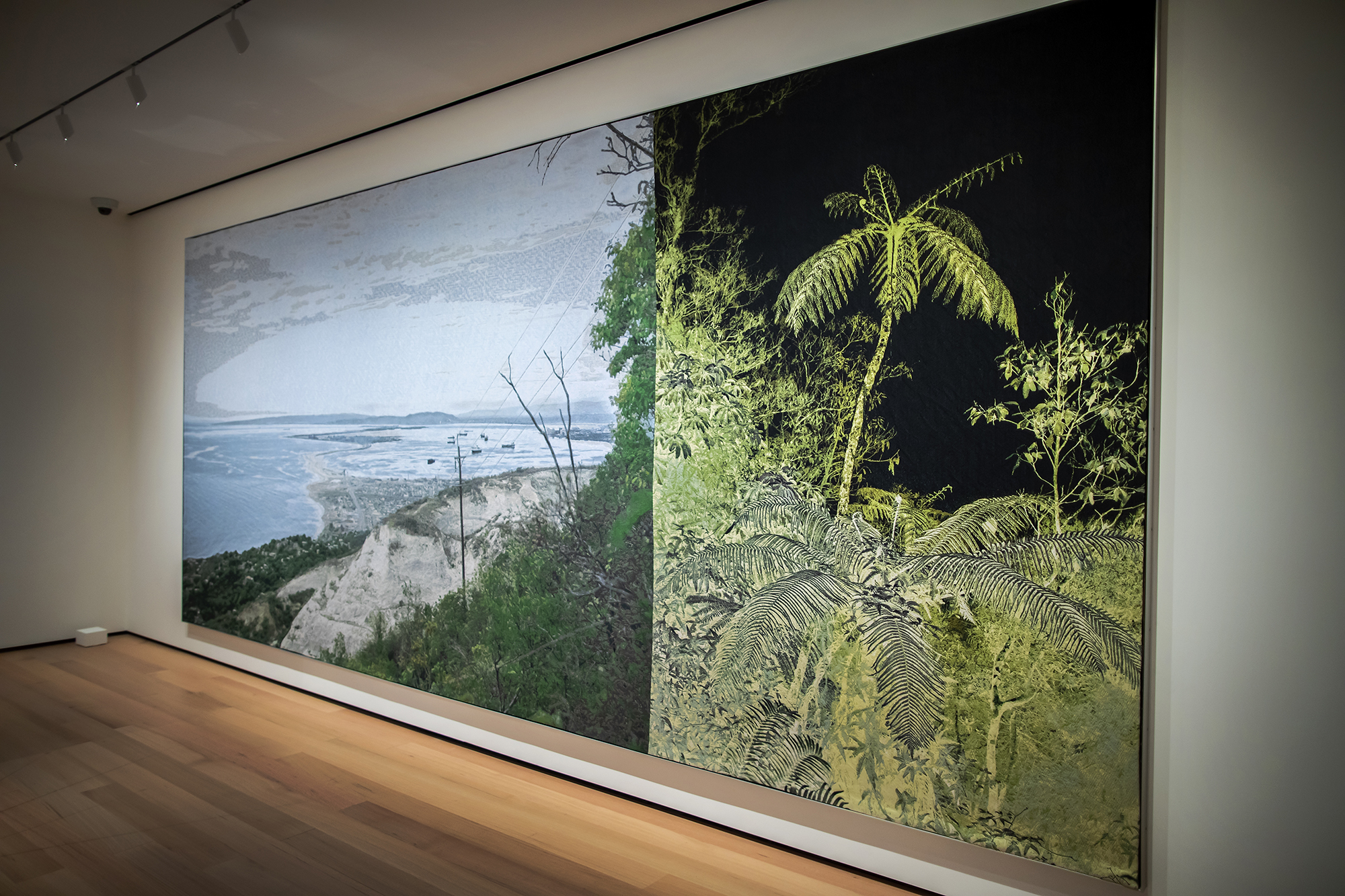 tapestry by artist David Hartt with a palm tree and a mountain and beach 