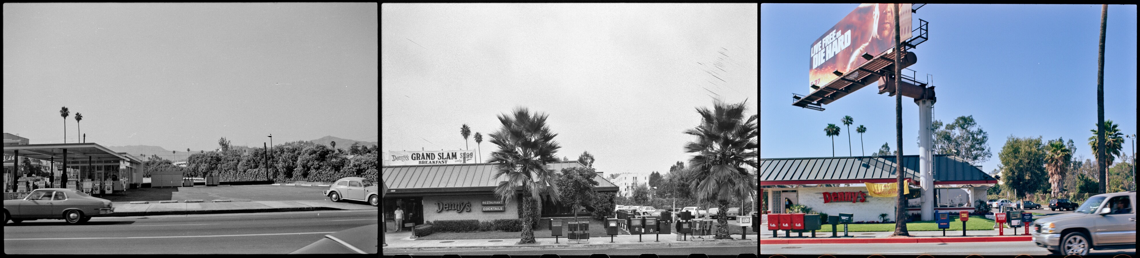 three images stitched together showing the changes along a section of Sunset Boulevard