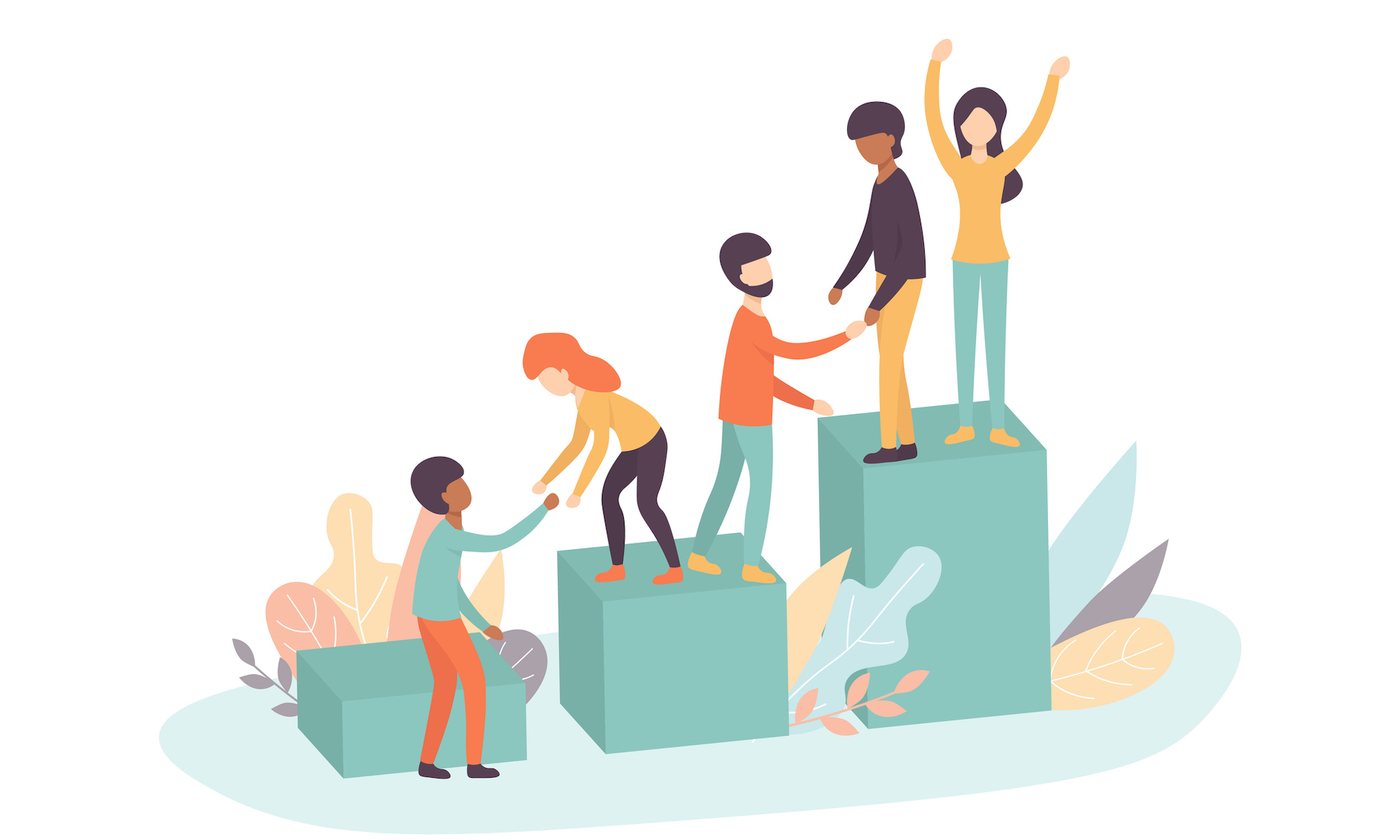 An illustration of people helping each other move from small pedestal to medium pedestal to large pedestal, in an effort to demonstrate peers helping each other.