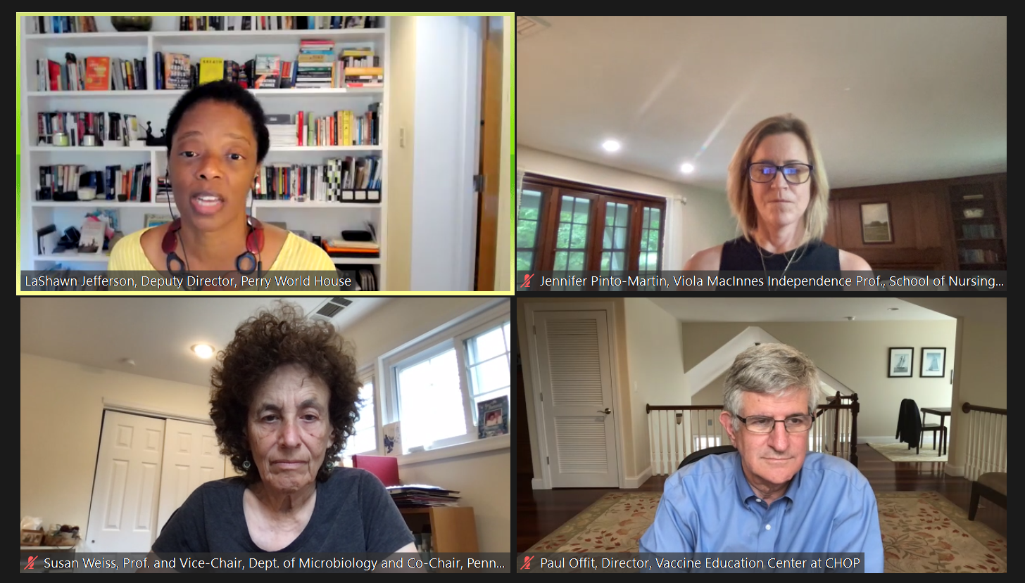 a zoom meeting screenshot of LaShawn Jefferson, Jennifer Pinto-Martin, Susan Weiss, and Paul Offit