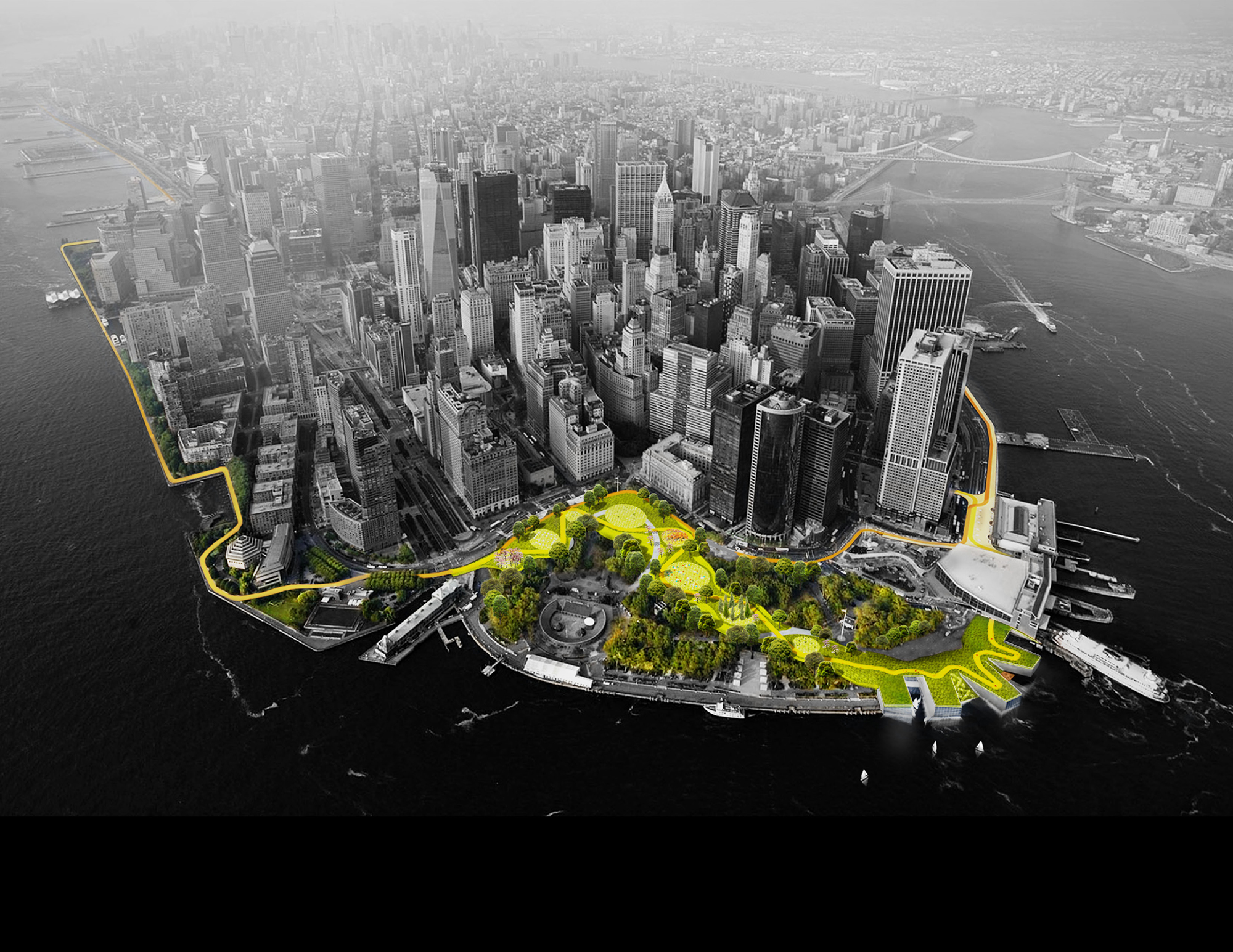 Rendering of Lower Manhattan and an area of green space around the waterfront.