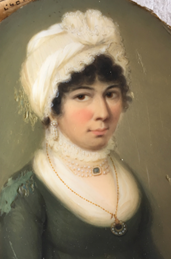 Painting of a woman wearing a bonnet and a high-collared dress with pearls earrings and several necklaces