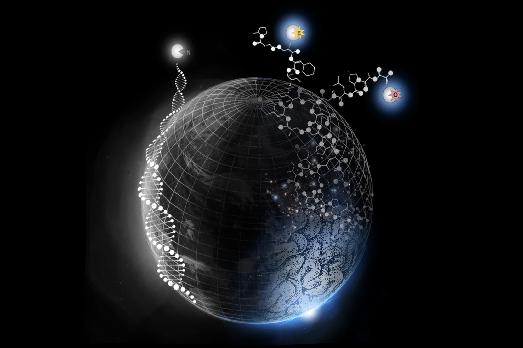 an abstract globe with DNA helixes, a brain outline, and chemical symbols