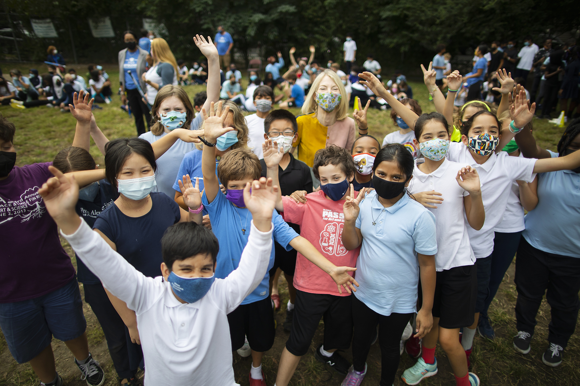 K-2 students gather with masks on