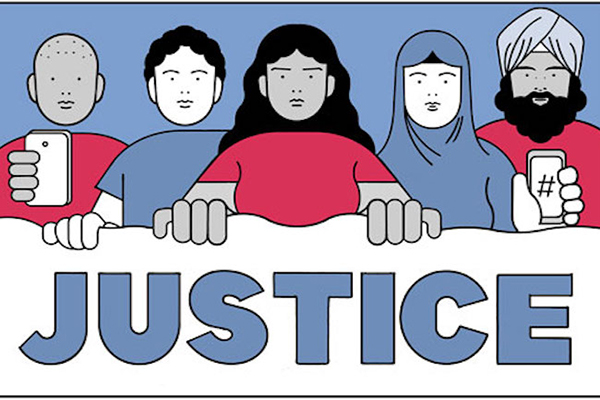 Drawing of five people, one wearing a hijab, another wearing a turban, with the word JUSTICE written at the bottom.