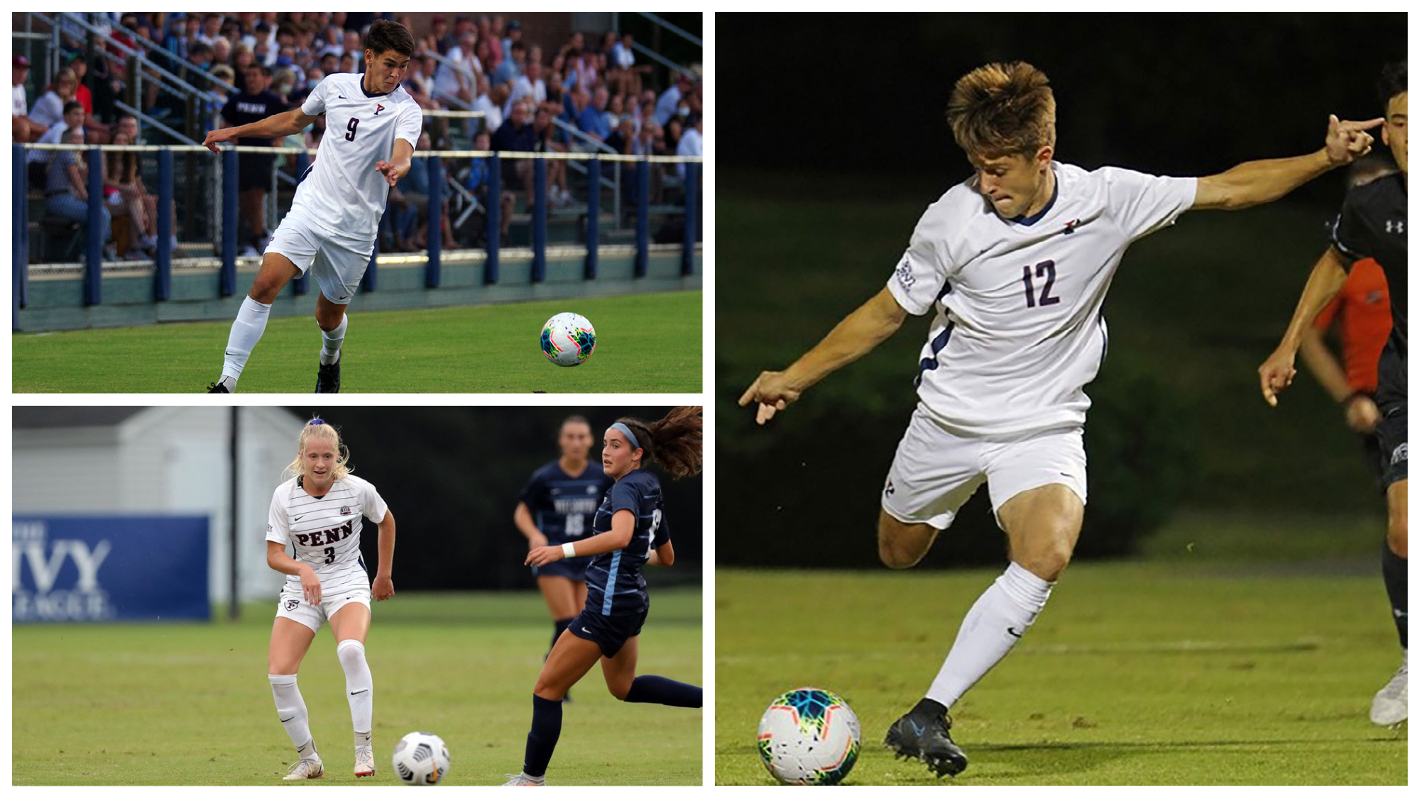 A collage show Ben Stitz (top) Lauren Teuschl (bottom) and Charlie Gaffney (right) wearing their white Penn jerseys and preparing to kick the ball.