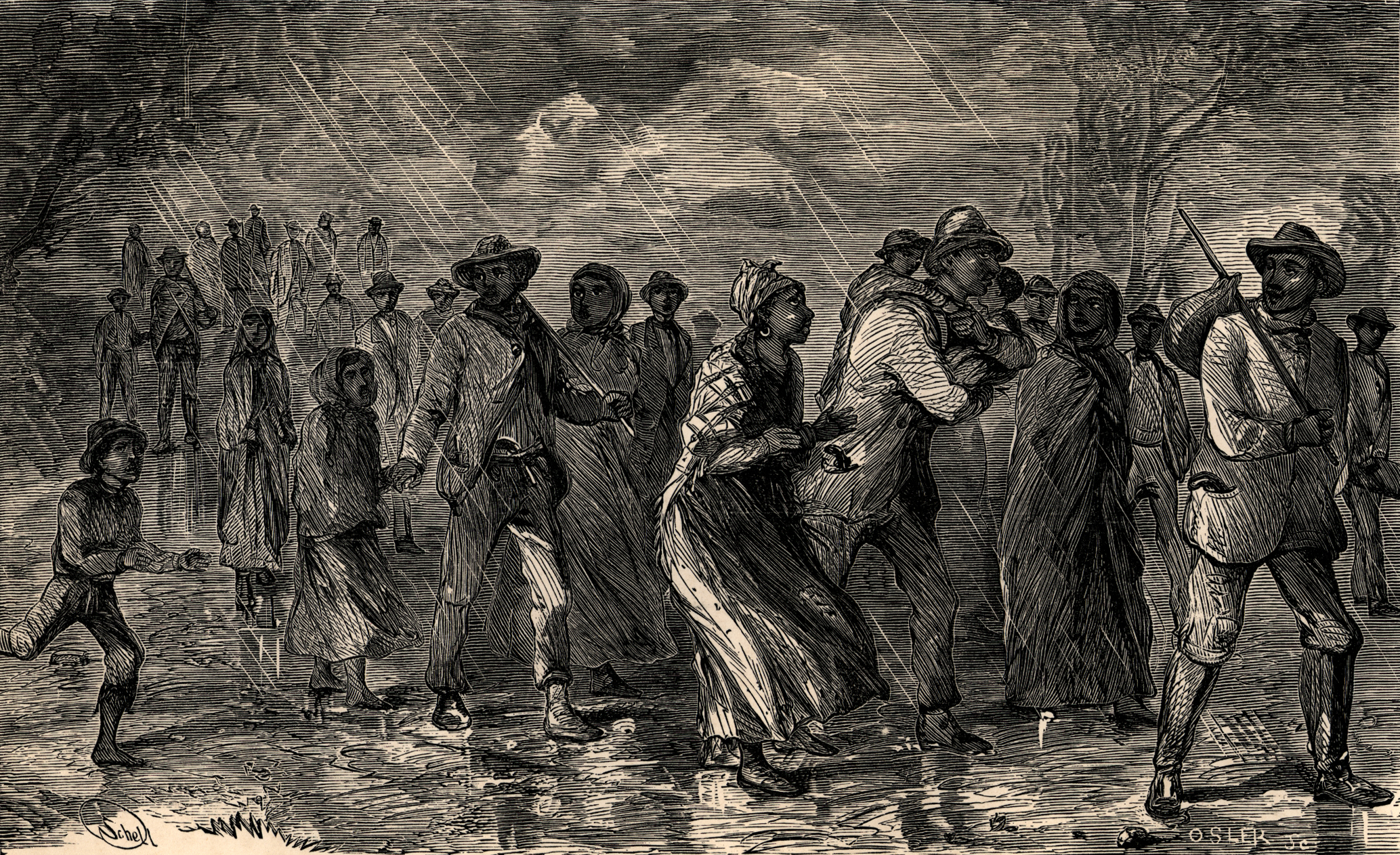 Engraving showing a group of 28 people who escaped slavery in 1857.