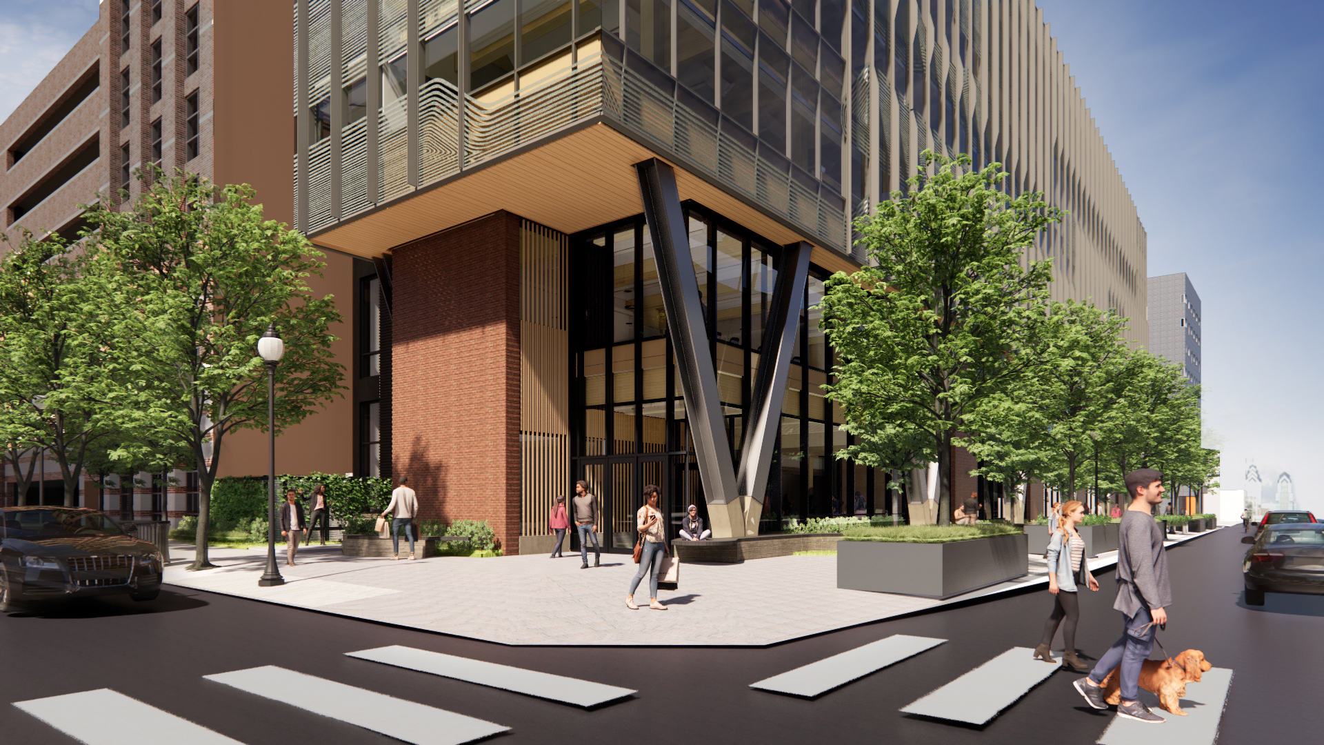 Rendering of the new data science building on a street corner.