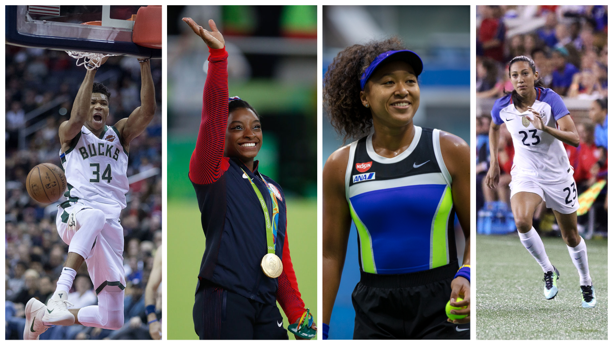 From left, NBA phenom Giannis Antetokounmpo, Olympic gymnast Simone Biles, tennis sensation Naomi Osaka, and women’s soccer standout Christen Press have all spoken out about their mental health struggles in recent years