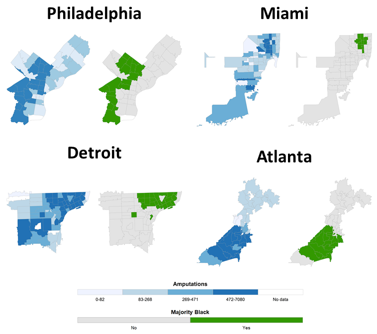 Map highlighting Phiadelphia, Miami, Detroit and Atlanta and demographics in those cities