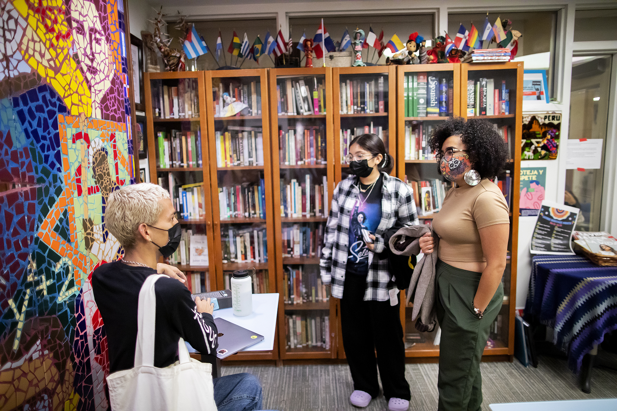 Three people speaking to together in front of a full bookcase topped with flags