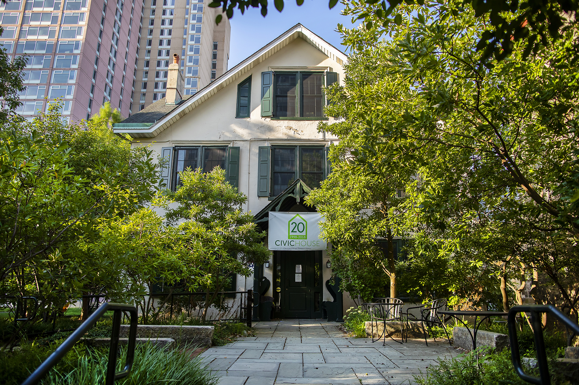 Civic House exterior with foliage