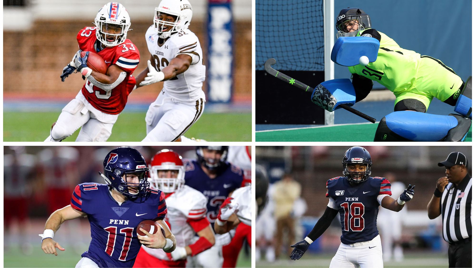 Top, from left: senior running back Isaiah Malcome and sophomore goalkeeper Sabien Paumen; bottom, from left: junior quarterback Andrew Paolini and junior linebacker Lewis Evans.