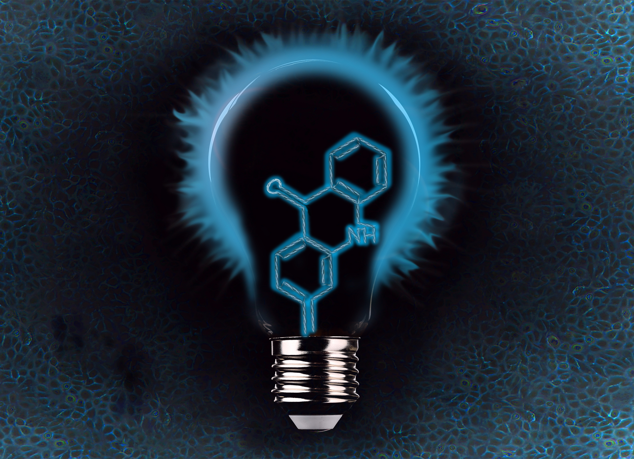 a light bulb with a chemical structure in front of an image of cells that are all blue tinged