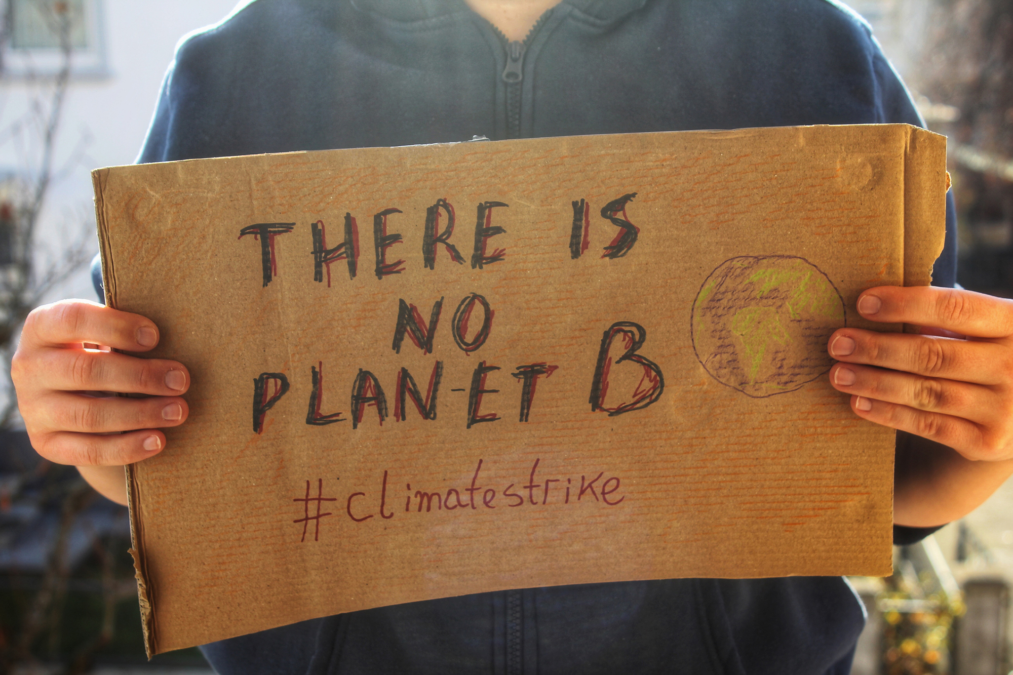 Young person holding a cardboard sign that reads There is No Planet B #climatestrike.
