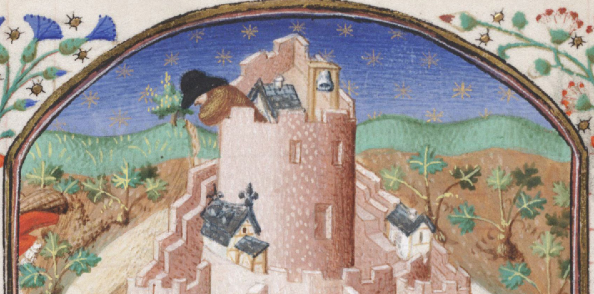 15th century illustration of a person atop a stone tower overseeing a landscape.