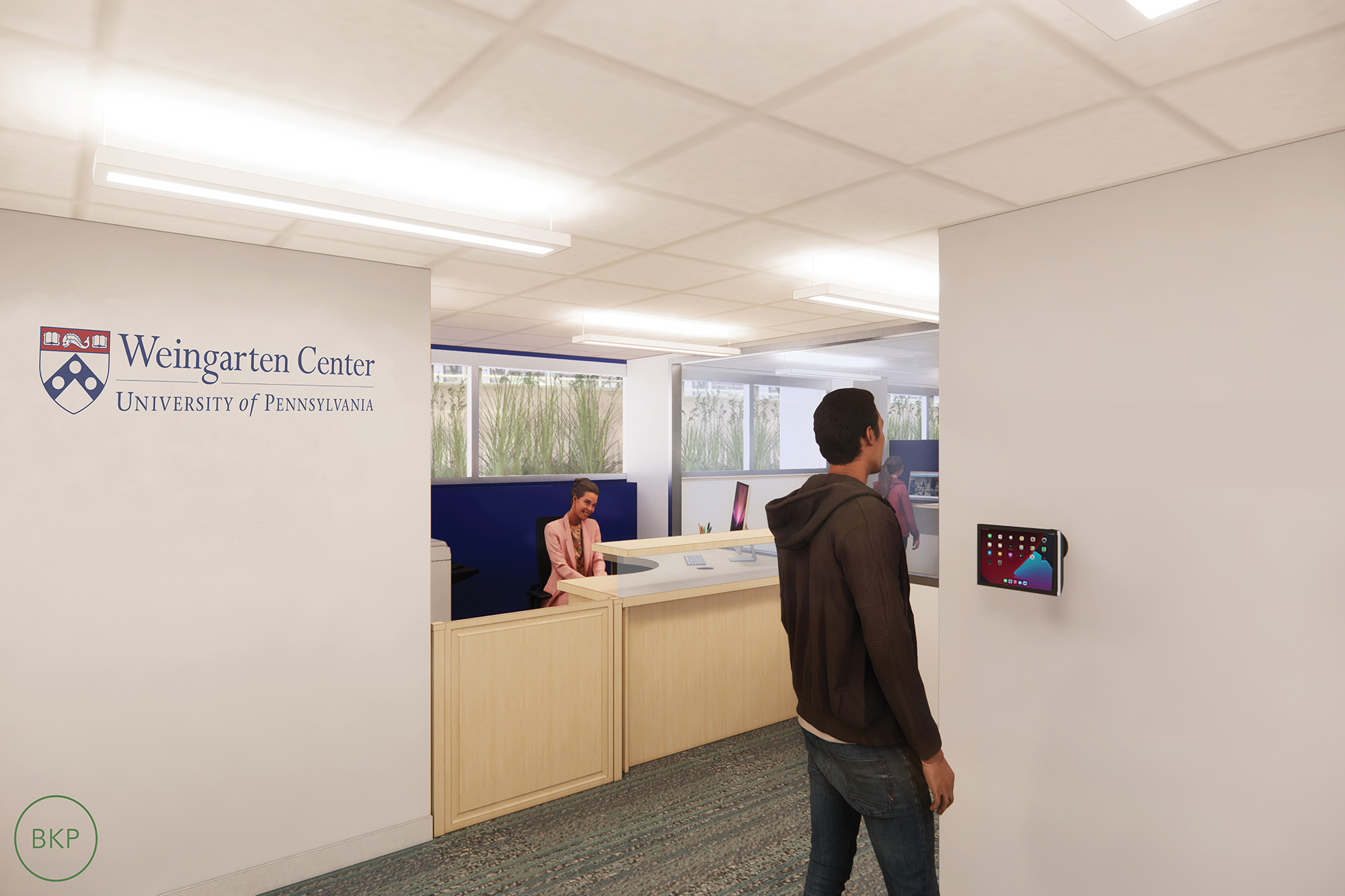 Architectural rendering of a person walking into a lobby with a receptionist.