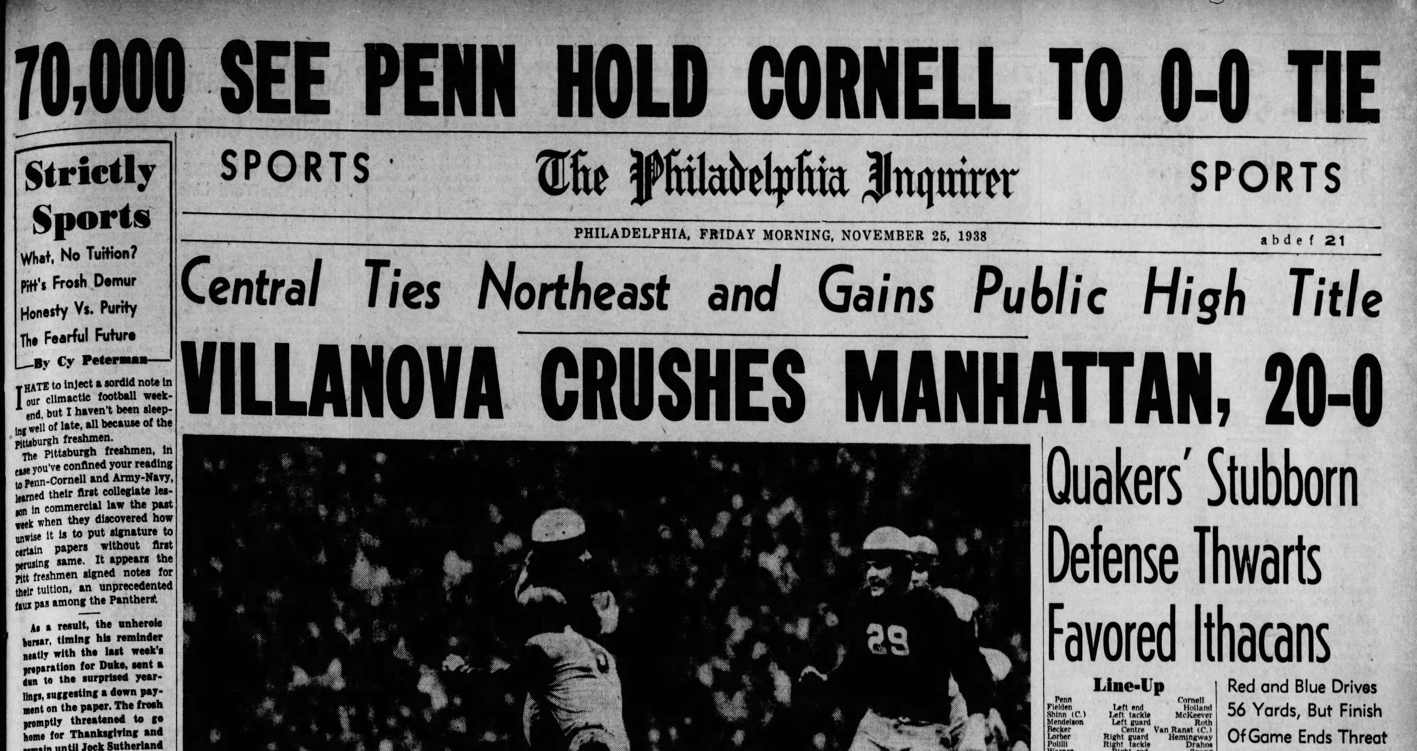 The front page of the Sports section of the Nov. 25, 1938, edition of the Philadelphia Inquirer.