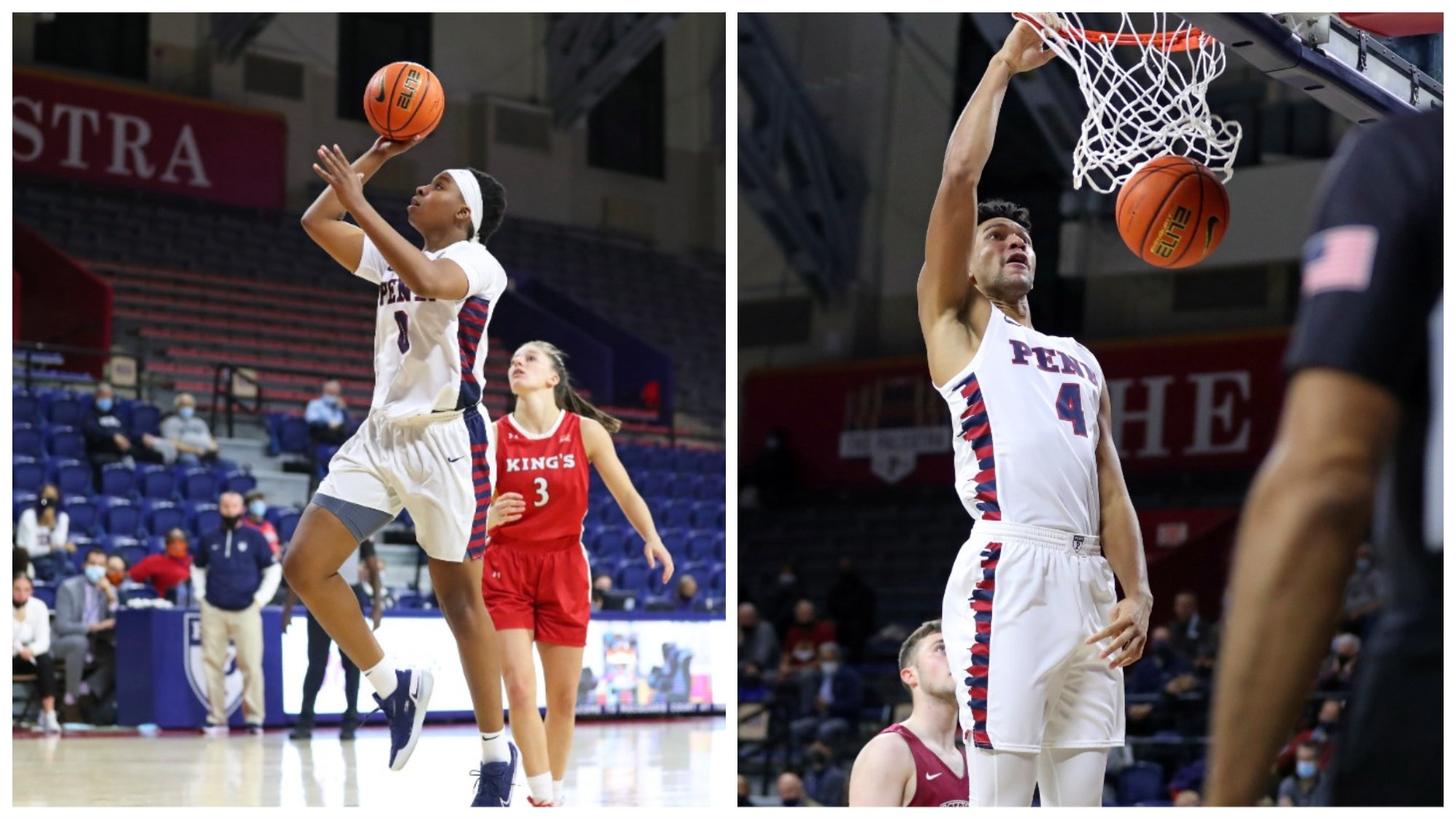 Sophomore forward Jordan Obi goes up for the shot against King’s College; junior center Max Lorca-Lloyd dunks the ball against Lafayette.