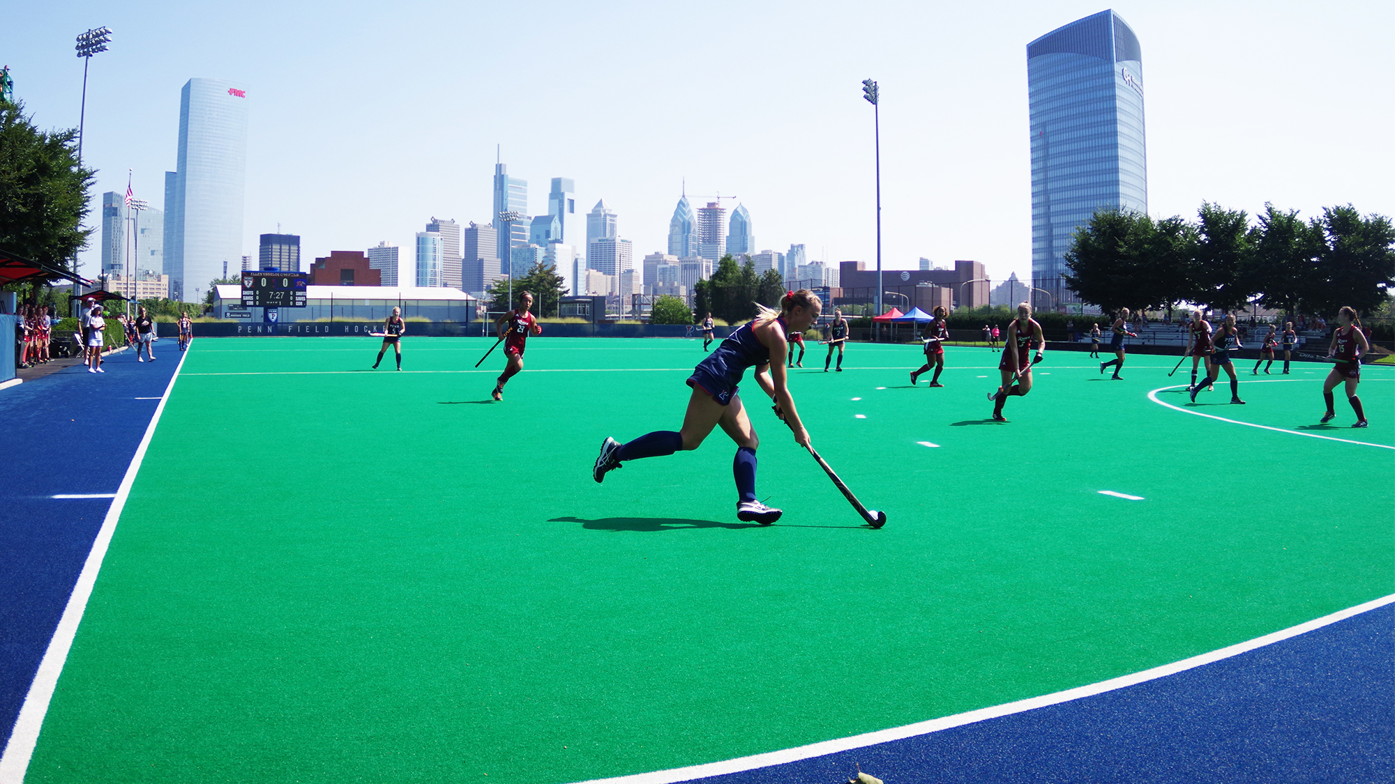 Penn's field hockey team takes on an opponent at Vagelos Field.