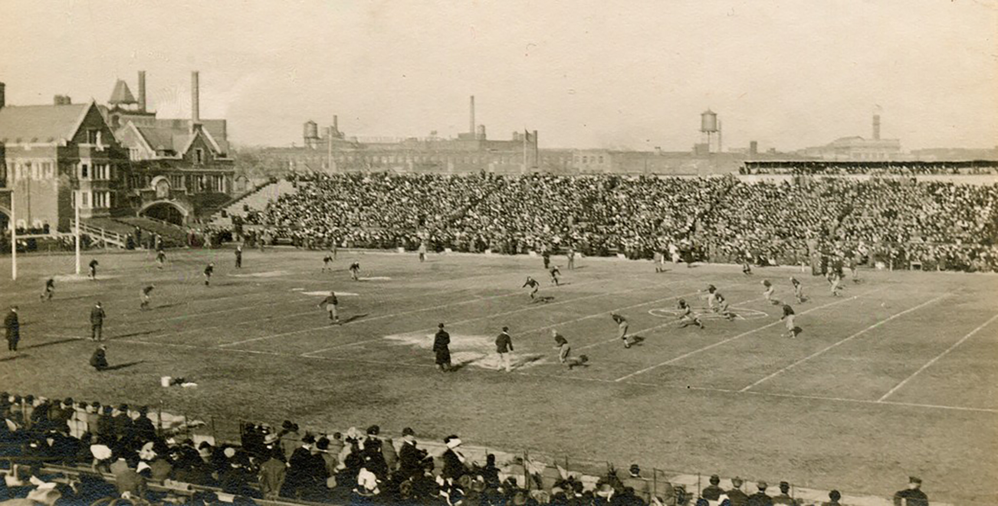 Looking north across Franklin Field, with Weightman Hall on left, the Penn football team battles Cornell on Thanksgiving Day in 1912