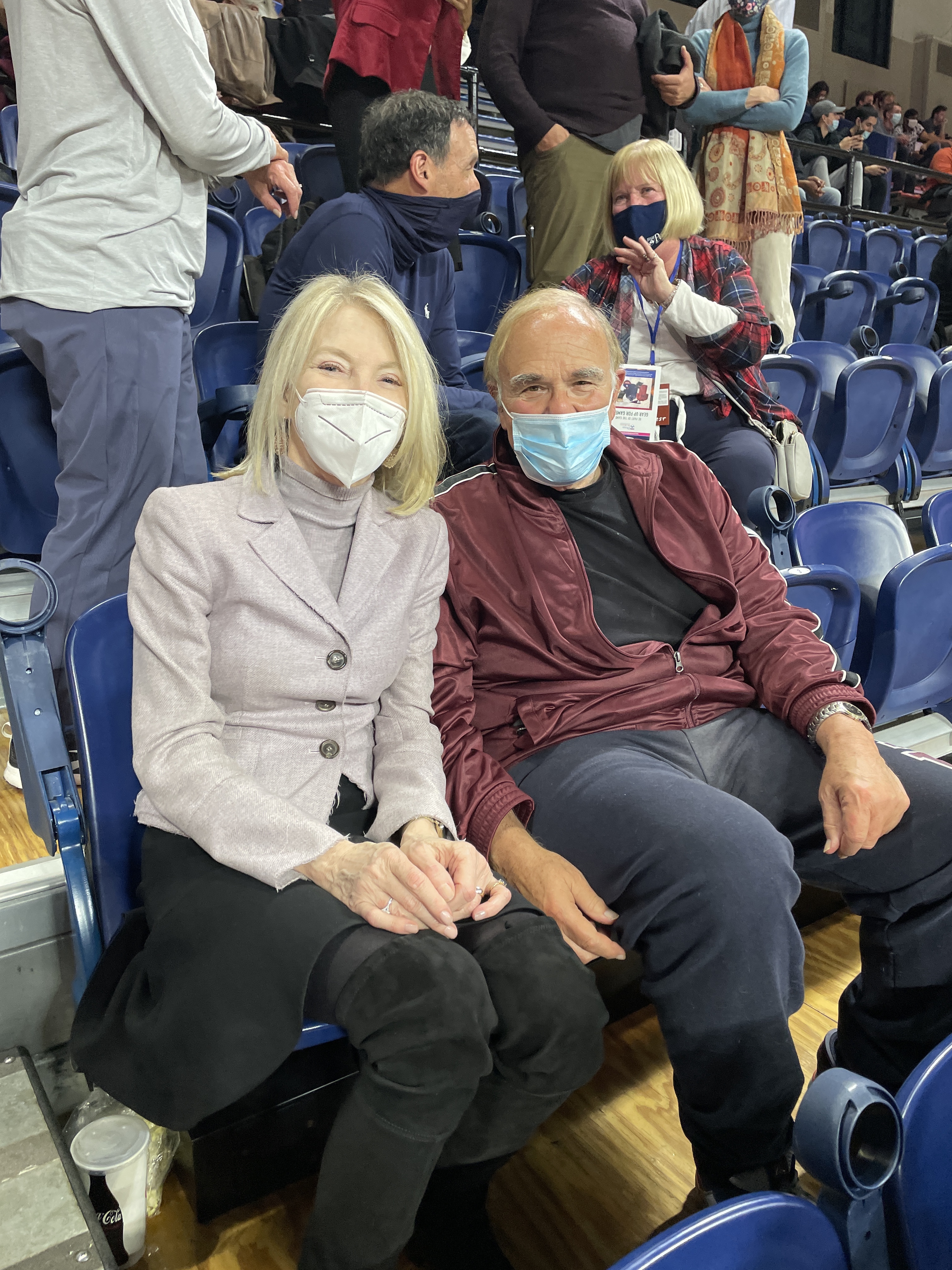 President Amy Gutmann and former Philadelphia Mayor and Pennsylvania Governor Ed Rendell, a 1965 alumnus, cheer on the Quakers at the Penn vs. Lafayette game on Tuesday evening.