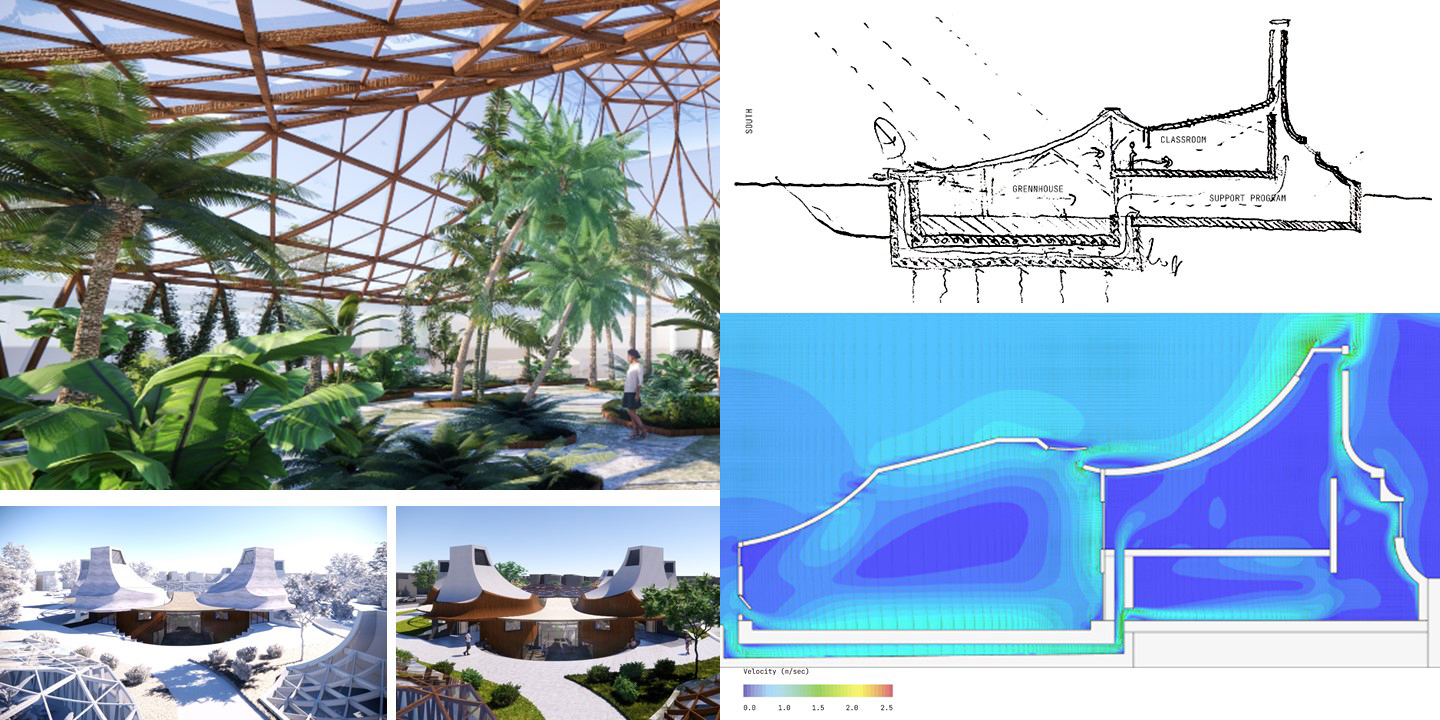 on the left, renderings of a greenhouse with tall sloping ceilings and glass panels. on the right is a detailed image of the structure showing how heat flows and creates cool spaces in the classroom spaces