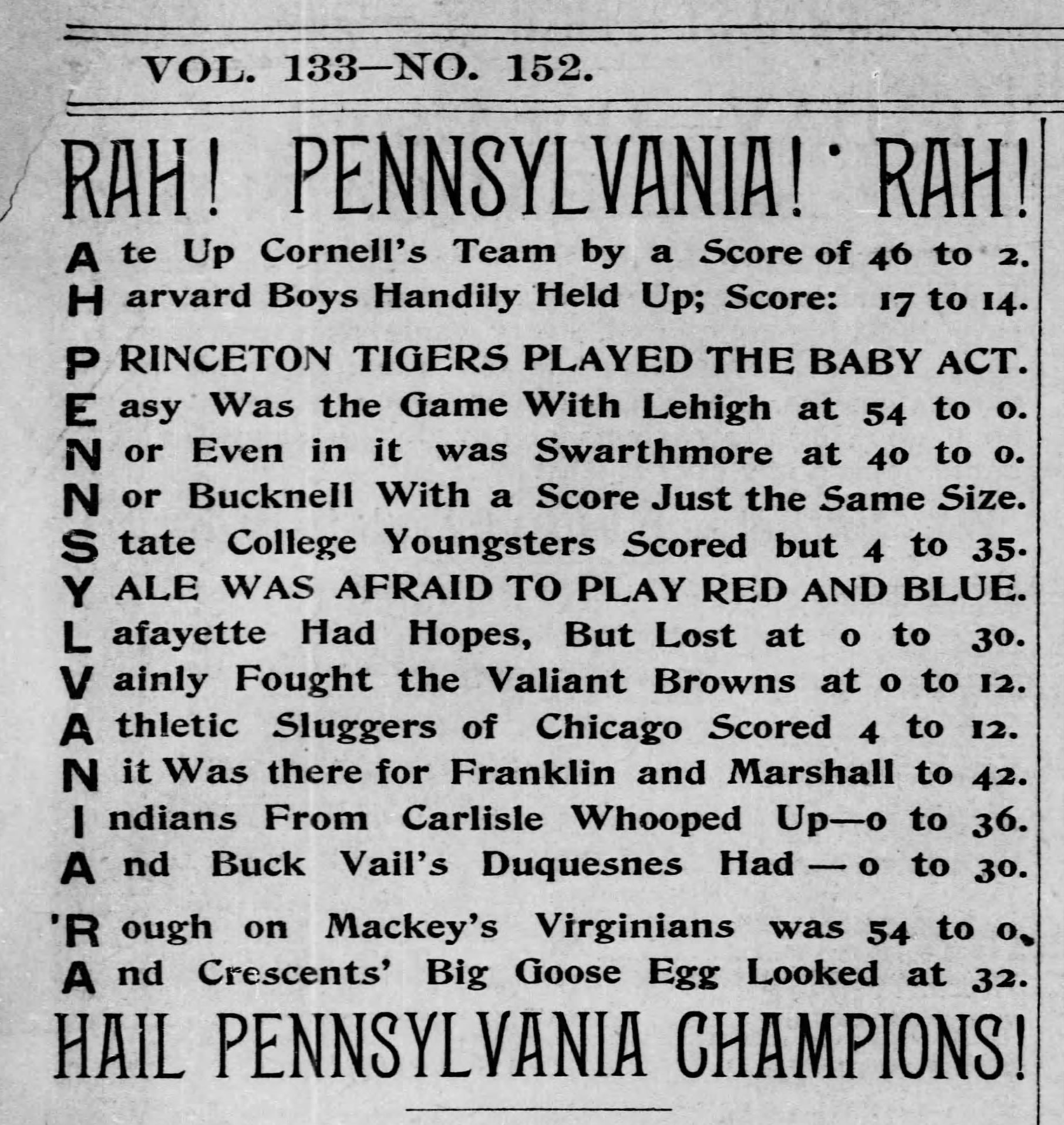 A write-up in the Nov. 29, 1895, edition of the Philadelphia Inquirer about Penn’s win in the inaugural Thanksgiving game contest against Cornell.