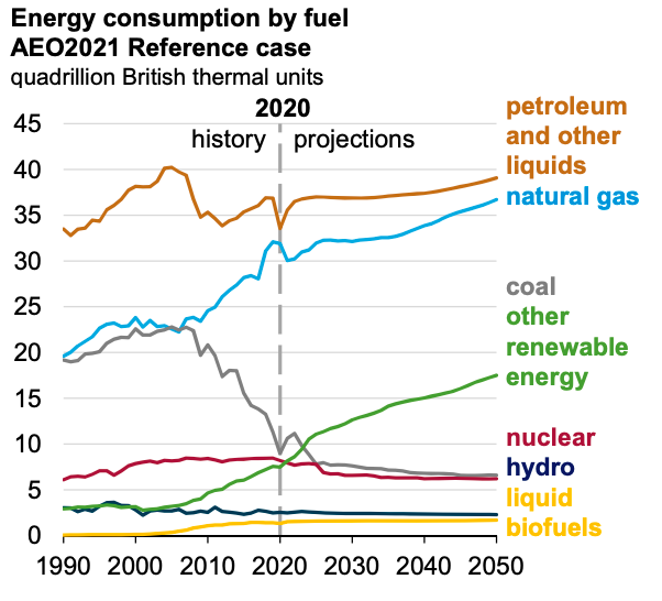 Chart with years 1990 to 2050 on the x axis and quadrillion British thermal units on the y axis titled Energy consumption by fuel AEO2021 Reference case. It shows how the use different fuel sources--petroleum, natural gas, coal, renewable energy, nuclear, hydro, and liquid fuels--have changed over time and are projected to change in the future, with fossil fuels dominating both past and present.