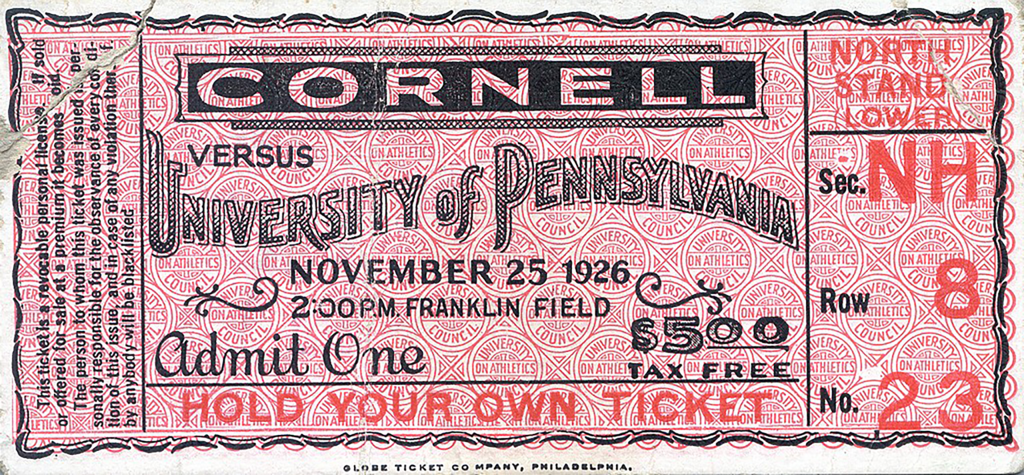 An admission ticket to Cornell vs. Penn Thanksgiving game held on Nov. 25, 1926.