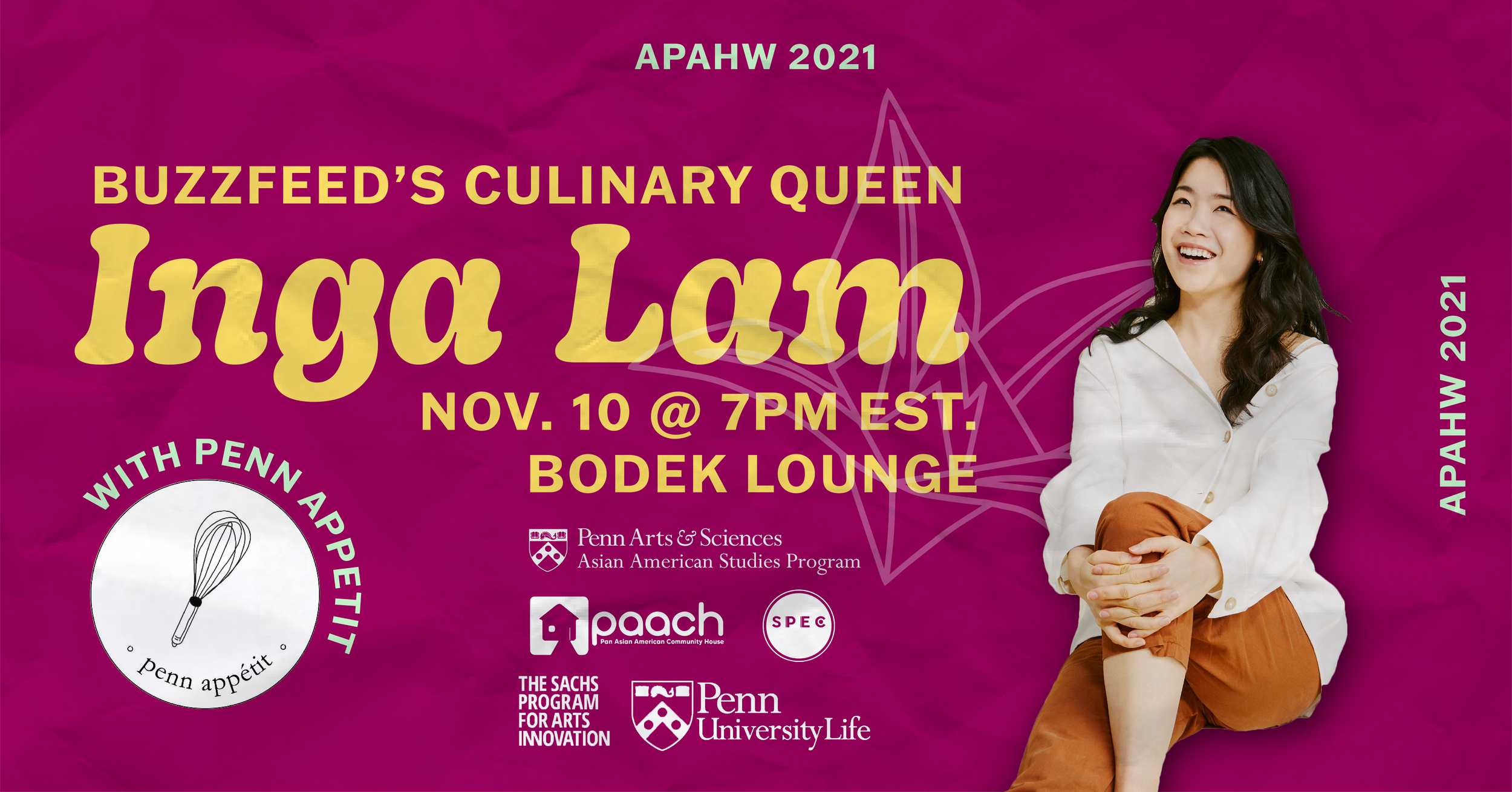 A pink banner has an image of a smiling woman and text that reads "BuzzFeed's culinary queen Inga Lam, Nov. 10 @ 7PM EST. Bodek Lounge