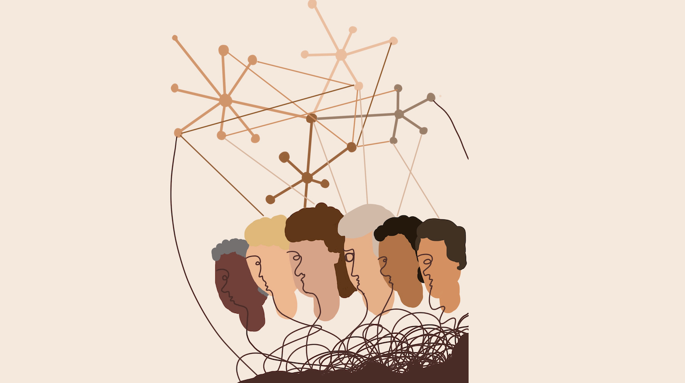 An illustration of six faces with different skin tones, ranging from dark to light. Above the faces are connected lines that look like jacks, to indicate social networks.