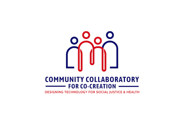 A logo with the outlines of four people. The initiative's name is "Community Collaboratory for Co-Creation: Designing Technology for Social Justice & Health"