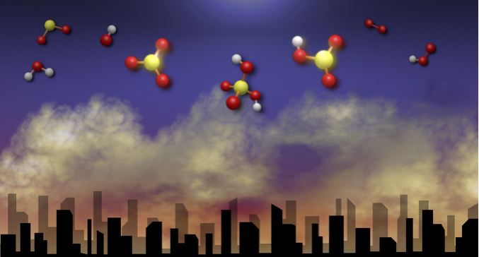 chemicals representing geoengineering float over a city skyline