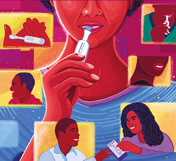 An illustration shows a woman using an HIV self test in the center, surrounded by other images of couples handing tests to each other, men smiling, and close ups of the tests that are taken by mouth swab