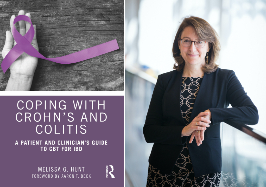 Image of a book cover, with a purple ribbon placed on top of a hand. The title reads," Coping with Crohn's and colitis: A patient and clinician's guide to CBT for IBD," by "Melissa G. Hunt, Foreword by Aaron T. Beck" next to a photo of a person standing up, wearing a black blazer and a black and gold dress.